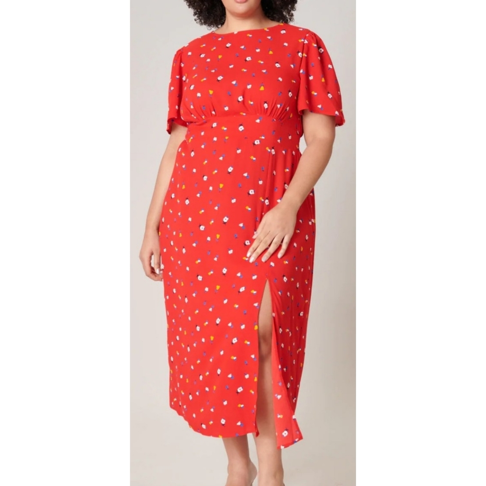 Red ditsy bloom floral smocked waist curvy flounce sleeve midi dress with slit